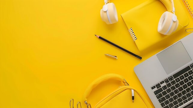 Back to school online education highcolored bright yellow background White laptop with school education supplies headphones pencil case and accessories top view flat lay copy space : Generative AI