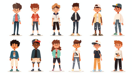 Set of playful preteen children in trendy casual cloth