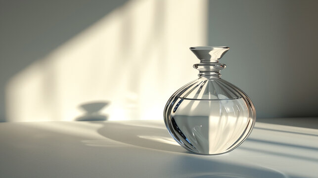 An artistic portrayal of a simple perfume bottle model with clean lines and elegance, photographed in high definition to showcase its simplicity