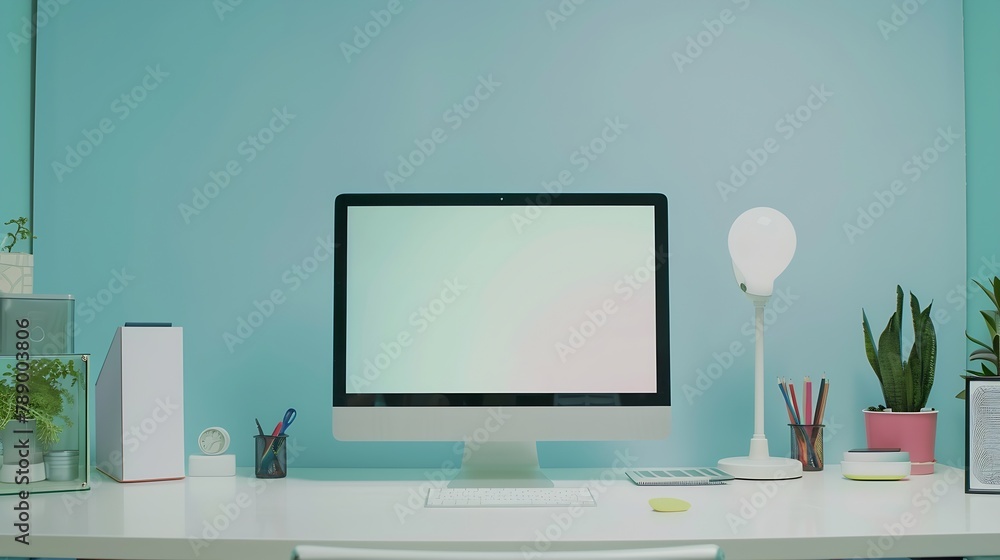 Leinwandbilder Close up view of creative workspace with blank screen computer supplies and copy space on white table with light blue wall : Generative AI