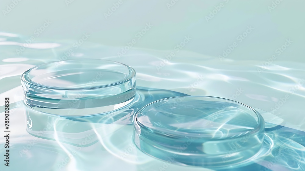 Poster two empty clear glass circle podiums on light blue transparent calm water texture with waves in sunl