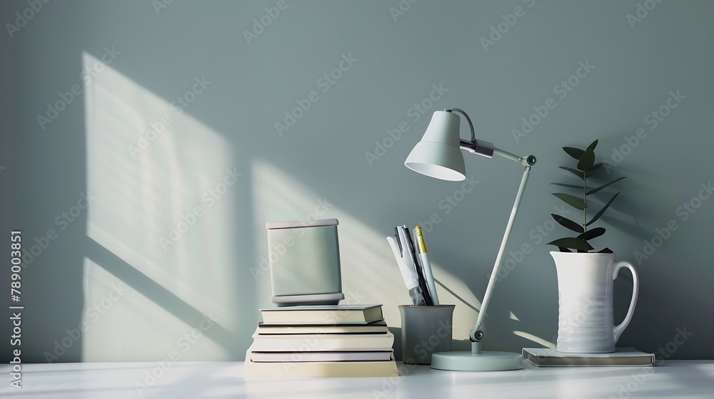 Poster cropped shot of trendy workspace with books stationery decorations and copy space on white table wit