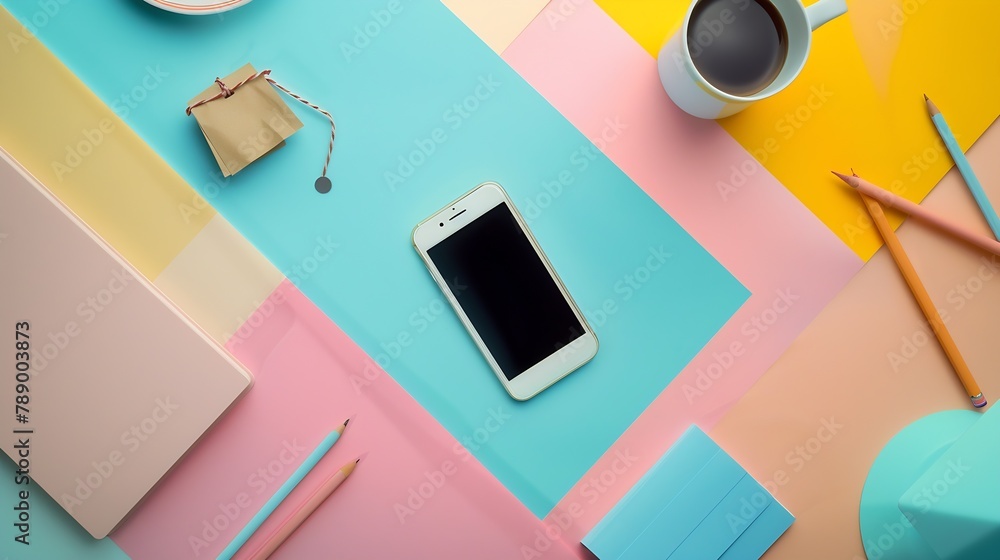 Poster Creative flat lay photo of workspace desk with smartphone coffee tag letter and notebook with copy space background minimal style : Generative AI