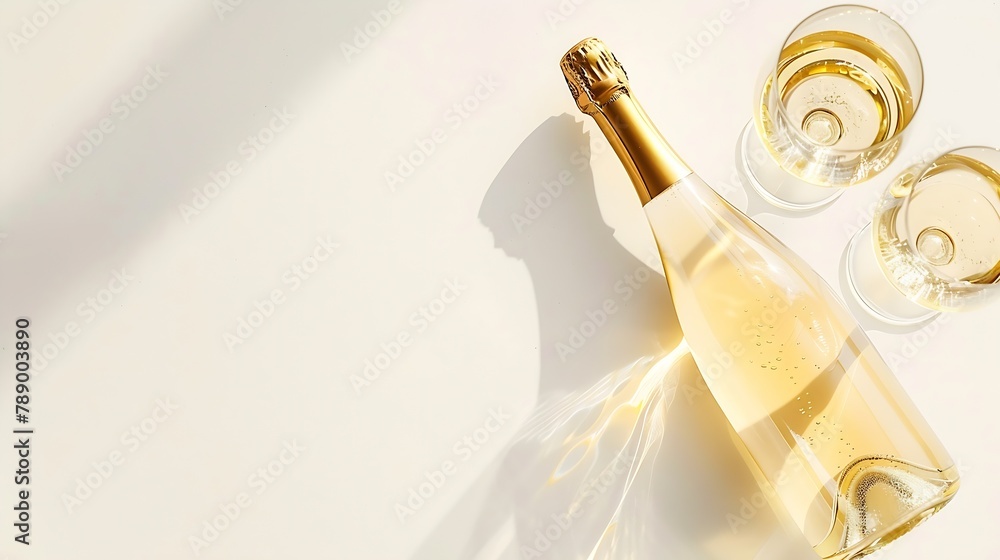 Poster top view white sparkling wine bottle and glass wine with sun shadow and glare on light white backgro