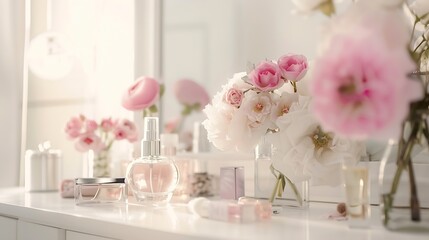 Obraz na płótnie Canvas Pink flowers on the dressing table in the white bedroom Flowers and perfumes in a bright interior White boudoir table close up and copy space : Generative AI