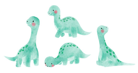 Apatosaurus . Cute dinosaur cartoon characters . Watercolor paint design . Set 5 of 20 . Vector .