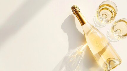 Top view white sparkling wine bottle and glass wine with sun shadow and glare on light white background Flat lay  golden champagne bottle Summer alcoholic drink concept banner with cop : Generative AI