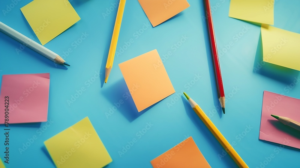 Poster pencils and various color sticky notes on blue background : generative ai