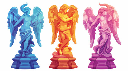 Set of three colorful Statues. Sculptures with wings.