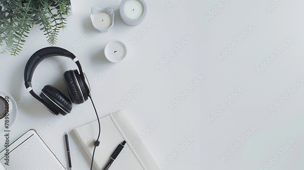 Poster workspace with headphones pen notebook sketchbook white vintage tray candlesticks on white backgroun