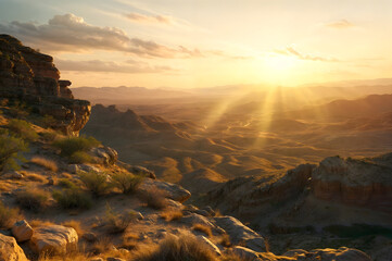 A beautiful sunset over a rocky desert landscape with a few grassy areas. - Powered by Adobe