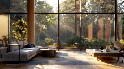 A contemporary living room with plush furnishings, floor-to-ceiling windows, offering a serene view of the forest