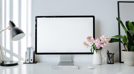 Closeup view of white table with supplies flower poster frame laptop blank screen and copy space Home office desk Creative workspace : Generative AI