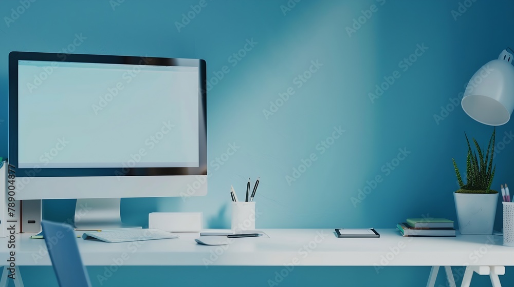 Fototapete Close up view of creative workspace with blank screen computer supplies and copy space on white table with light blue wall : Generative AI