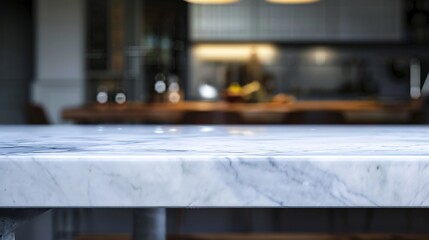 Close up photo of contemporary kitchen island with marble table top with kitchen blurry loose focal background : Generative AI