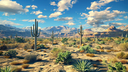 landscape desert with cacti and sandstone mountains