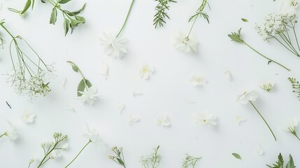 Flat lay top view photo Mockup on a white background  with gentle flowers and plants Cute feminine...