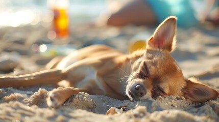 chihuahua dog relaxing and resting drunk on the sand at the beach on summer vacation holiday