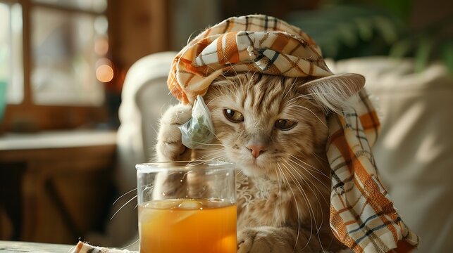 Cat with a hangover and headache holding a glass juice ice bag on a head