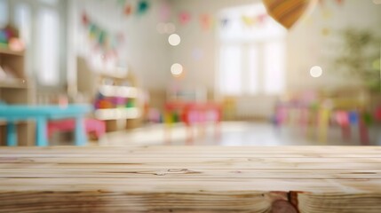 Wooden desk on blurred child room or kindergarten interior background : Generative AI