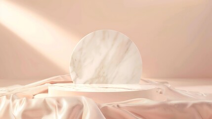 Top view of luxury marble podium stage on soft silk background Beauty and fashion product platform stand from above Premium brand mockup template Smooth minimal pastel neutral aestheti : Generative AI