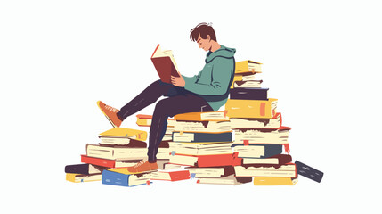 Scene of young reading man sitting on pile of books