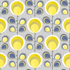 Seamless textured floral retro pattern. Yellow flowers on a gray background.