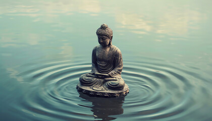 Meditative image of Buddha gliding on the water. - obrazy, fototapety, plakaty