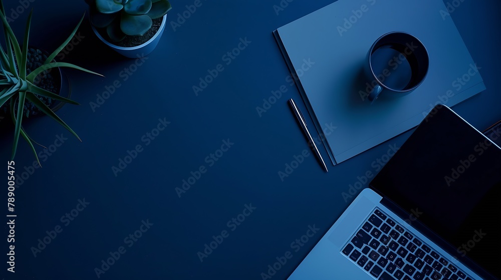 Poster home office desk laptop mobile note book and pen on dark blue background stylish workspace top view 