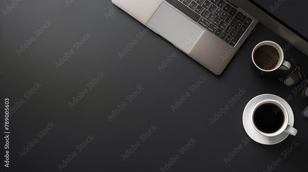 Aufkleber High angle view of office black desk with copy space Table with keyboard computer coffee cup and supplies Top view of blackboard office desk Businessman or student desk : Generative AI