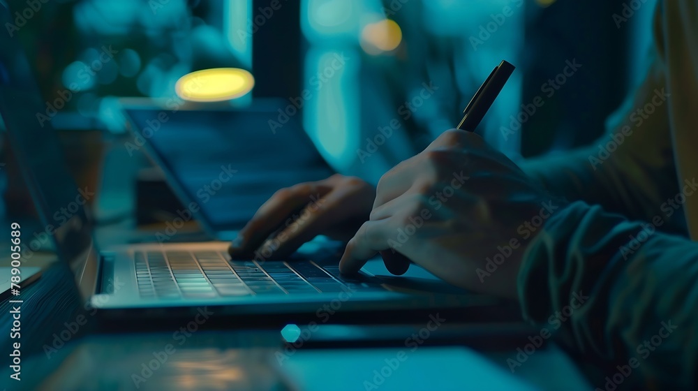 Poster Casual business man with pen in hand busy working on laptop computer typing on keyboard with notebook mobile smart phone on desk in modern office close up dark tone : Generative AI