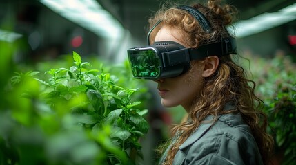 Woman using VR glasses in growing organic greens agriculture
