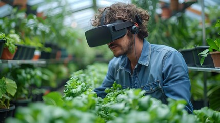 Man cultivator using VR glasses in a greenery full with plants