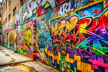 Graffiti Wall Texture: A textured wall surface covered in graffiti, paint splatters, and urban art,...