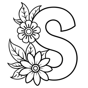 Alphabet S coloring page with the flower, S letter digital outline floral coloring page, ABC coloring page 