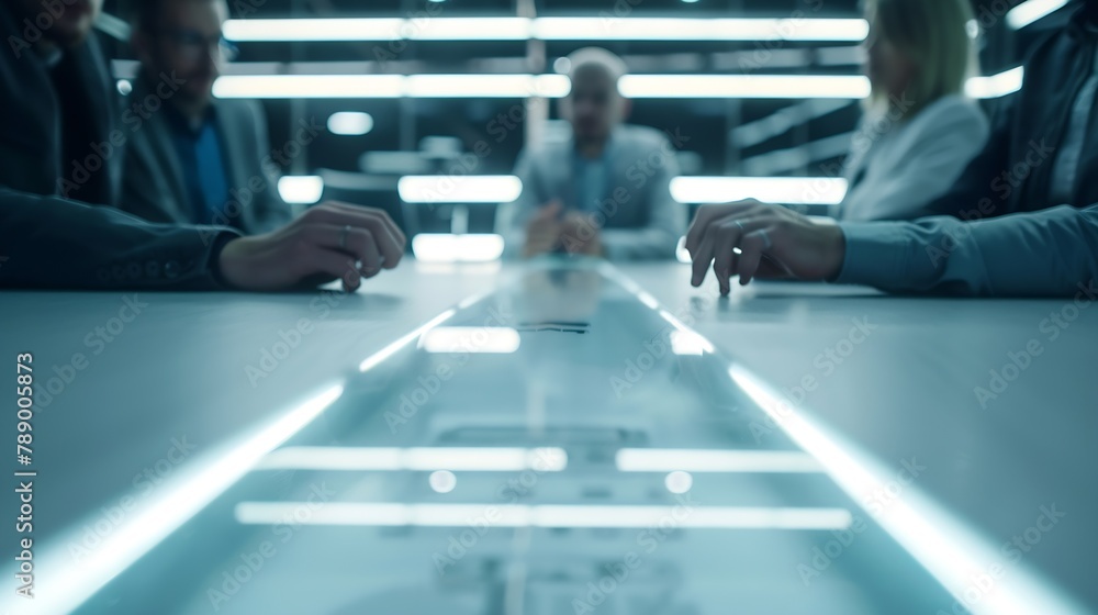 Aufkleber Engineer Scientists and Developers Gathered Around Illuminated Conference Table in Technology Research Center Talking Finding Solution and Analysing Industrial Engine Design Closeup Ha : Generative AI