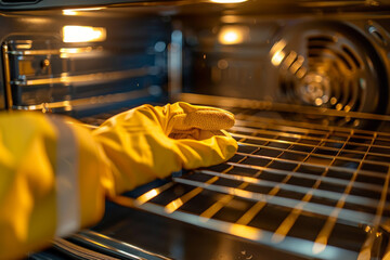 Detail of a hand in cleaning gloves, meticulously scrubbing the interior of an oven