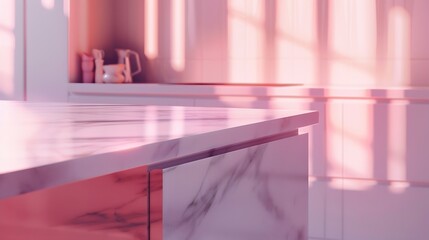 the latest fashion home trends in an ultra modern elegant interior of a cozy studio in soft pastel colors closeups of a stylish kitchen with an island for cooking : Generative AI