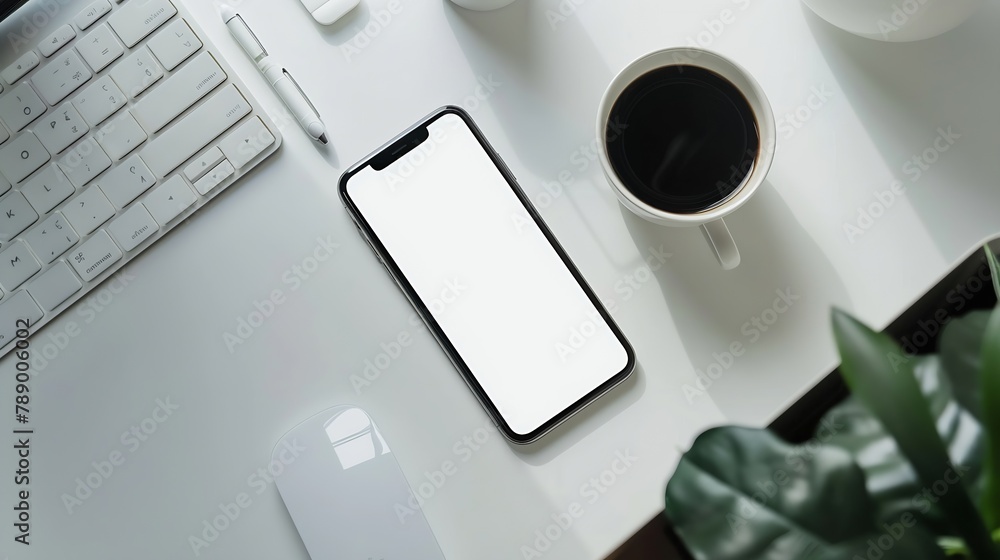 Poster White office desk table with smartphone with blank mockup screen cup of coffee and computer keyboard Top view with copy space flat lay : Generative AI