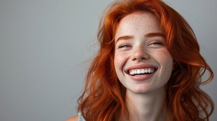 Place for text. Beautiful young red-haired girl smiling on a gray background. Banner for advertising dentist, cosmetologist services, discounts and promotions.