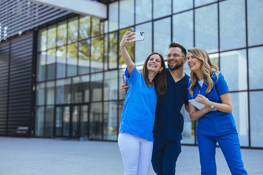 Doctor, selfie and group with smile for social media and profile picture in hospital. Healthcare, nurse staff and clinic with teamwork, collaboration and happy smile from medical work and employees
