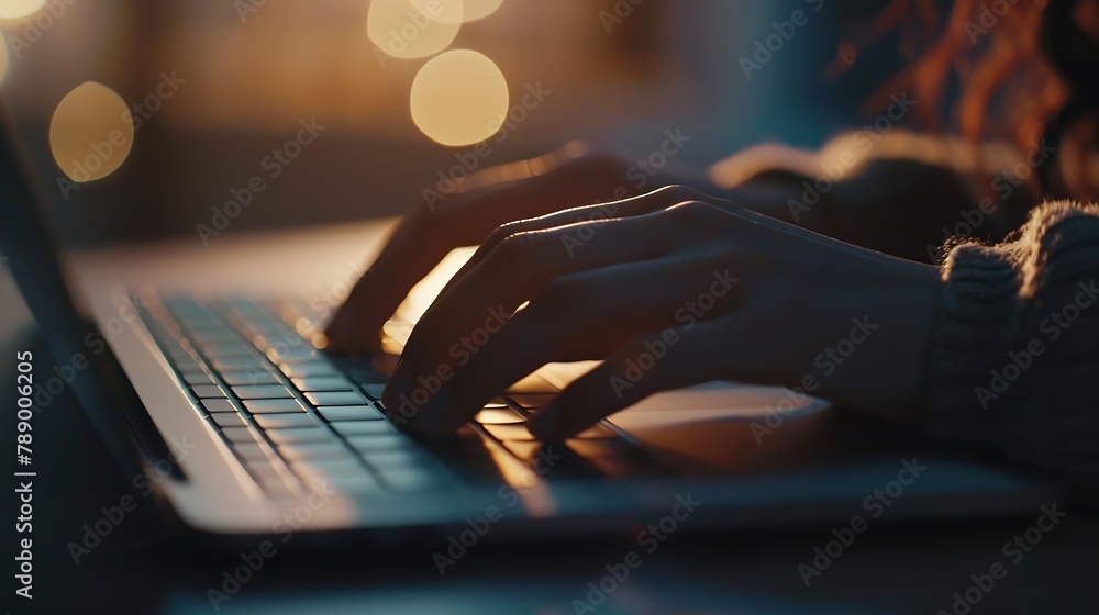 Poster Close up image of woman hands typing on laptop computer keyboard and surfing the internet on office table online working business and technology internet network communication concept : Generative AI