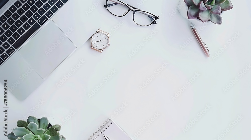 Poster flat lay top view office table desk frame feminine desk workspace with laptop diary succulent glasse