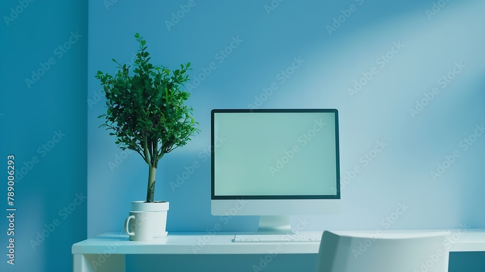 Poster Close up view of creative workspace with blank screen computer mug tree pot and copy space on white table with shelf on light blue wall : Generative AI
