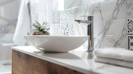 Closeup on stylish white washbasin with wooden cabinet in new bathroom with modern patterned tiles panorama : Generative AI