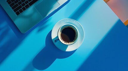 Blue workplace with laptop and coffee cup Top view Flat lay : Generative AI