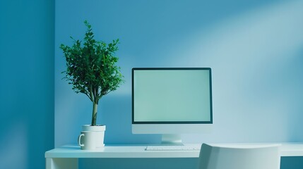 Close up view of creative workspace with blank screen computer mug tree pot and copy space on white table with shelf on light blue wall : Generative AI