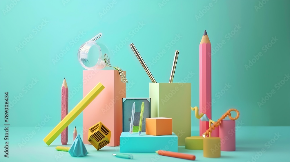 Poster Composition with different stationery on color background : Generative AI
