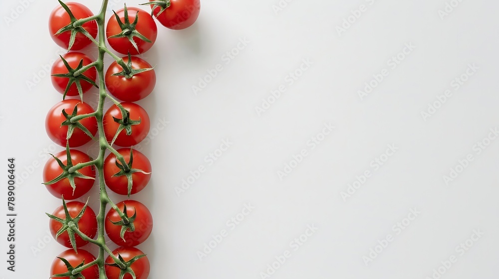 Poster flat lay composition with vine of ripe red tomatoes on white background : generative ai