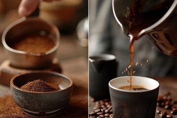 brewing coffee, from grinding the beans to pouring the aromatic beverage into a cup